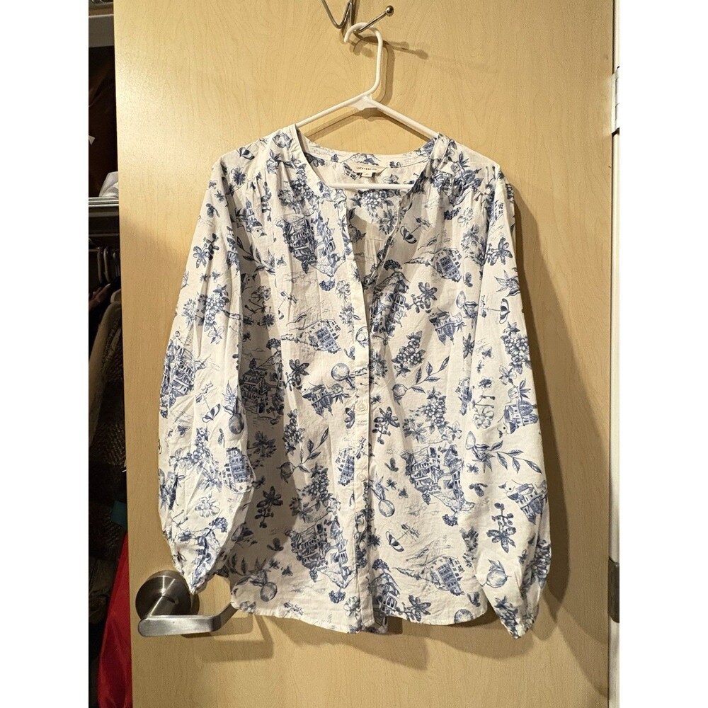 Lucky Brand XL Toile Print Peasant Blouse Balloon Sleeve Blue White Boho Top - Picture 3 of 6